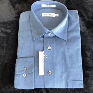 CALVIN KLEIN, LS, neck 15.5, sleeve 34/35, color steel blue.